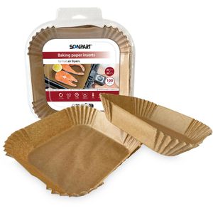 Scanpart Backpapier für Heißluftfritteusen, 20 x 20 cm, braun, Antihaft-Beschichtung, 100 Stück