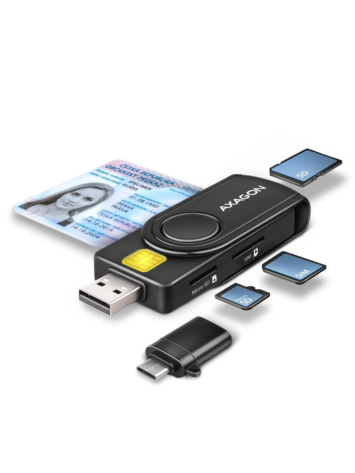 AXAGON USB Smartcard- / ID-Karte & SD- / microSD- / SIM-Karten-Taschenleser