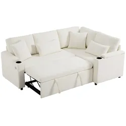 Ecksofa 206x141x86 mit Stauraum, aus Chenille – Ausziehbares Sofa mit USB-Anschluss, Getränkehalter und praktischer Ablage, vielseitiges Design Beige