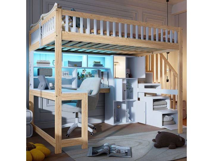 Lit mezzanine - 140x200cm - avec lumières LED - échelle de rangement - étagères - sans matelas - blanc + nature