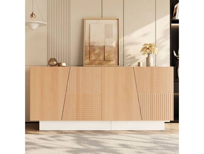 Buffet 4 Portes Moderne Blanc et Bois 160 cm Meuble de Salon Rangement