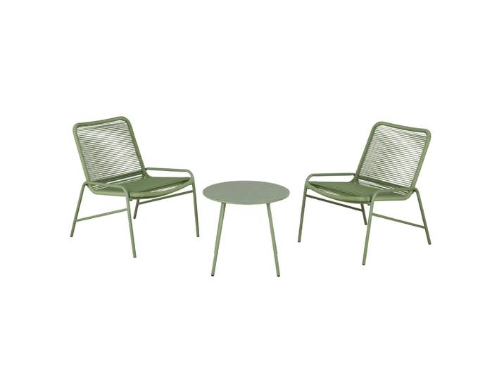 Set aus 2 Gartensesseln und grünem Couchtisch