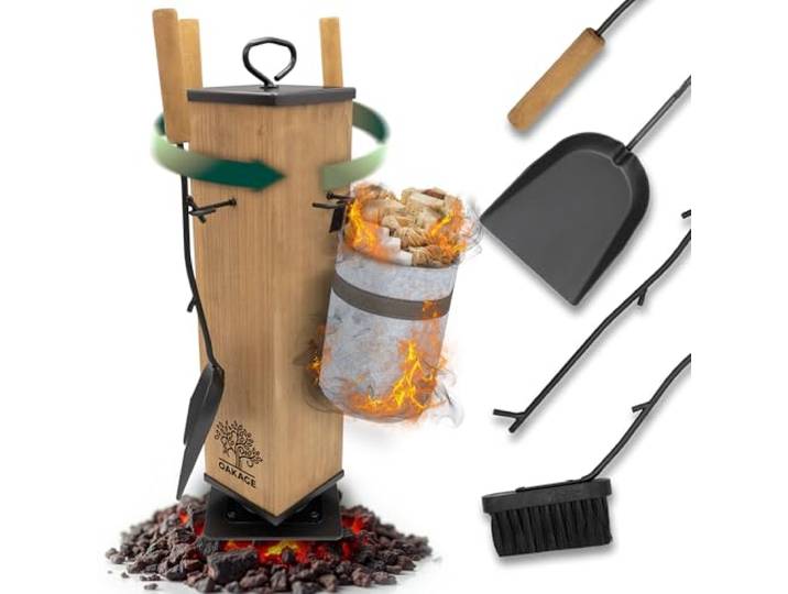 OAKAGE Kaminbesteck Modern [integrierter Holzkorb & drehbarer Kern] Hochwertiges Kaminzubehör mit Holzgriff Kaminofen Besteck mit Kehrset & Schürhaken Ofenbesteck Garnitur für Ofen & Kamin