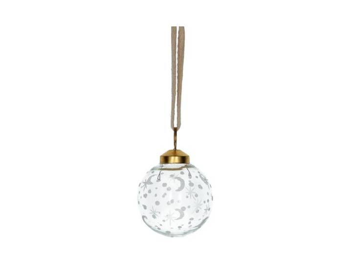 Kerstbal, glas, geëtste maan, sterren en stippen, Ø6,5 cm