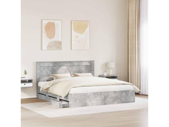 KTHLBRH Bettgestell grau Beton 180 x 200 cm mit Schubladen Technisches Holz, integriertes Kopfteil, 6 versteckte Schubladen, modernes Design, einfache Wartung