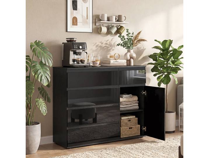 HOMCOM Buffet Moderne 5 Tiroirs Étagère Réglable Noir Laqué