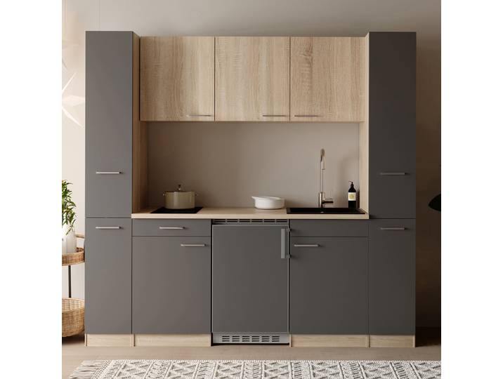 Küchenzeile Ingrid 210 cm 210 x 200 x 60cm Grau/Grau mit Kühlschrank