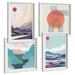 BILDER SET 4er Set - 50x50 cm & 40x60 cm Weißer Rahmen - Japanische Berglandschaften
