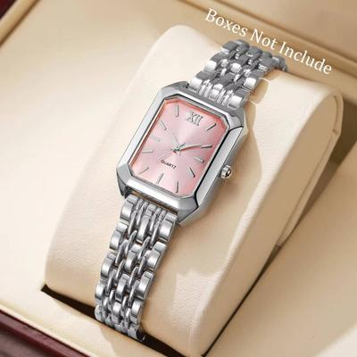 Fabled Fashion Studio Elegant Rectangle Women Watch Analog Quartz Wristwatch silver Pink No Box