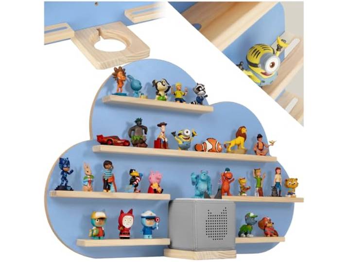 tectake® Holz Regal mit Magnetstreifen für Wand Montage, Tonieregal, Wandregal für's Kinderzimmer, Aufbewahrung Musikbox, für Tonies Tonie Hörfiguren und Toniebox - blau