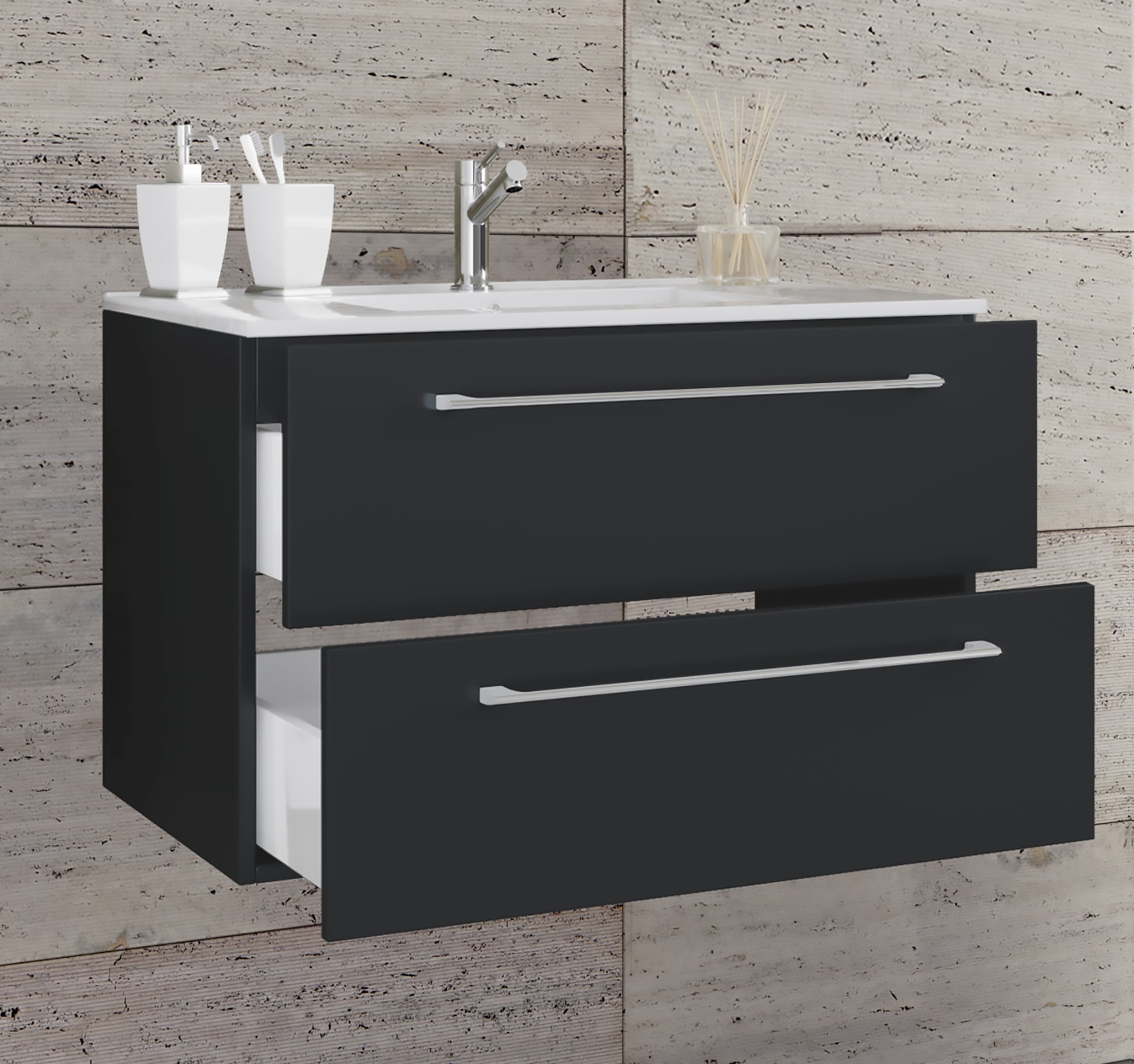 Waschtisch VCM "2-tlg. Waschplatz Waschtisch Badinos 2 Schublade", schwarz, B:80cm T:46cm, Waschtische, Waschtisch