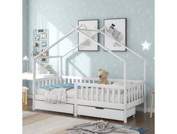 Lit cabane enfant blanc avec barrières de sécurité et 2 tiroirs