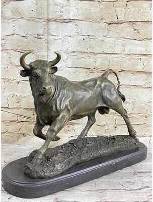 Bronzhaus Solid Bronze Sculpture Of A Bull Marble Base Abstract Art Deco Figurine Figure