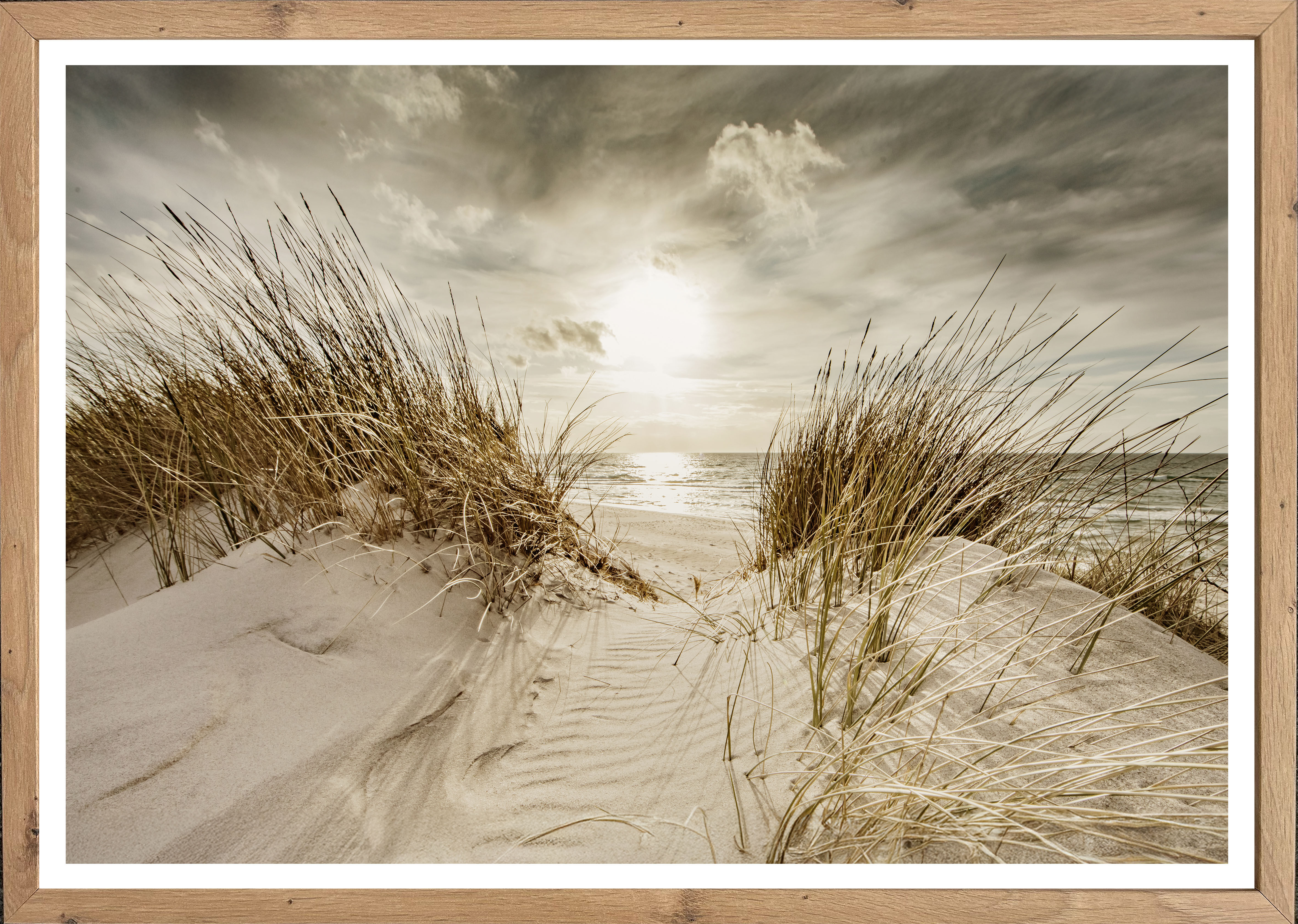 Bild mit Rahmen BÖNNINGHOFF "Wandbild gerahmt STRANDSONNE 50x70 cm – Maritime Wanddeko Dünen", beige (farbe rahmen: artisan, farbe bild(er): beige, grau, weiß), B:50cm H:70cm T:2,1cm, MDF, Papier, Bilder, Bild mit Rahmen, mit dekorativem Rahmen farbe rahm