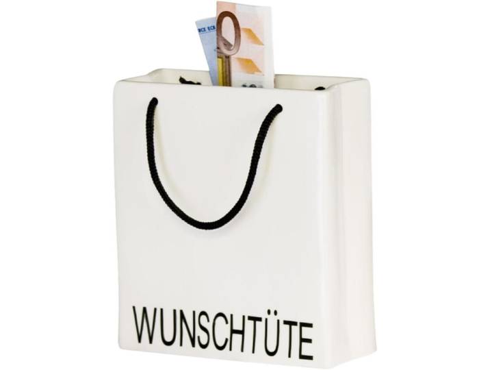 Aufbewahrungsbox GILDE Spardose Wunschtüte , weiß, B:13cm H:14cm T:5cm, Porzellan, Aufbewahrungsboxen, Aufbewahrungsbox, Mit Schriftzug, abschließbar, Moneybox