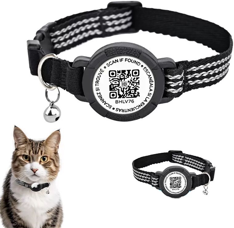 INF AirTag-kompatibler Haustierhalsband aus Nylon mit reflektierendem Design, Anti-Verlust Katzenortung, Schwarz, Größen XS und S