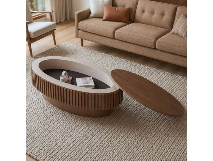 MEUBLIV Table basse ovale 98 cm rangement caché finition bois de noyer design moderne