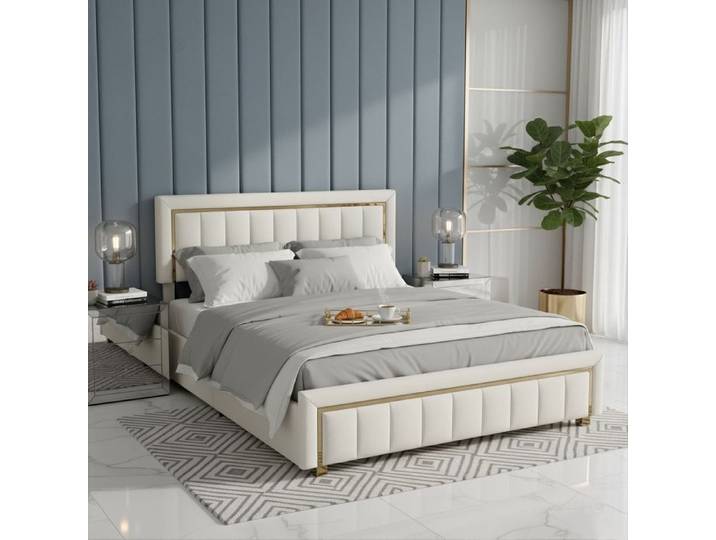 Lit coffre 140x200 Lit hydraulique Lit double Lit adulte avec coffre hydraulique - Cadre de lit inclus - Velours - Beige