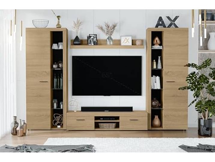 AXLIVING Spacoro XL Wohnwand Geölte Eiche modern 300cm breit ohne LED Zwei Vitrinen, ein Wandregal und ein TV-Unterschrank bieten offene und geschlossene Fächer. Transparente Glasböden.