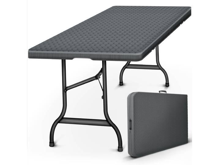 tillvex Table de jardin pliante aspect rotin 180x75cm Table de buffet avec poignée de transport