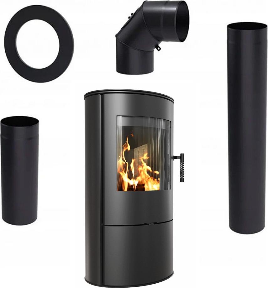 KAMINOFEN AUS STAHL KRATKI ROLLO Ø 150 7 KW SCHWARZE THERMOTEC-AUSKLEIDUNG Satz