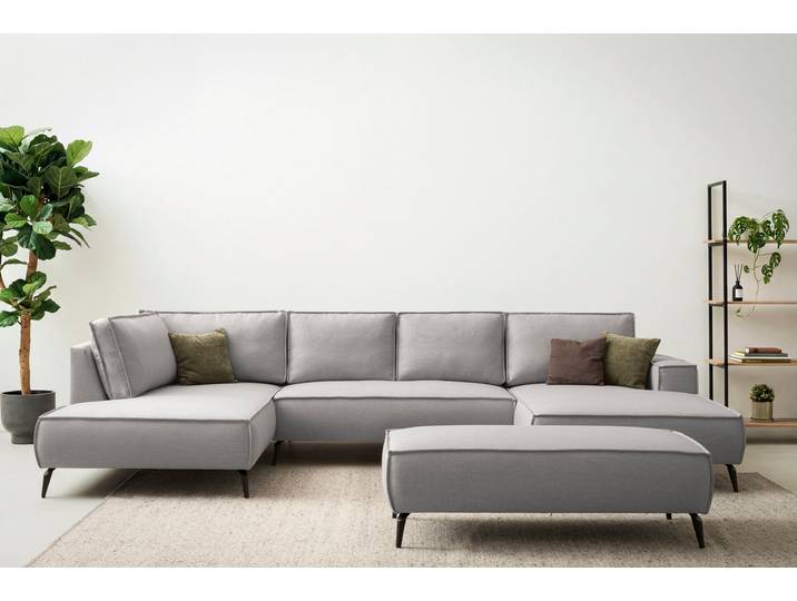 Wohnlandschaft GOODPRODUCT TVINNU Leinenoptik, 354, mit Hocker , grau (silbergrau), B:354cm H:83cm T:193cm, Sofas, Wohnlandschaft, Recamiere rechts/links, stellbar zum Schlafsofa (Krokodilverbinder)
