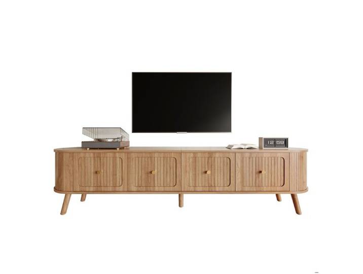 Meuble TV 180 cm effet chêne portes rainurées poignées dorées pieds en bois style vintage