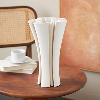 ARCILLA ELEMENTAL White Ceramic Ribbed Dimensional Folded Abstract Vase with Curvy Rim