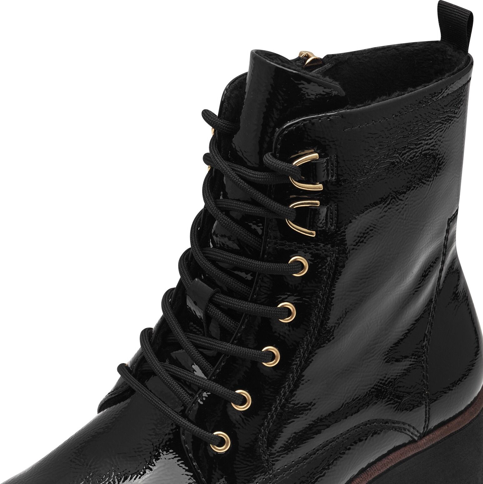 Schnürstiefelette TAMARIS, Damen, Gr. 37, wärmend, schwarz (schwarz, lack), Lacklederimitat, unifarben, Schuhe Schnürstiefelette, mit Anziehlasche schwarz, lack 37, wärmend
