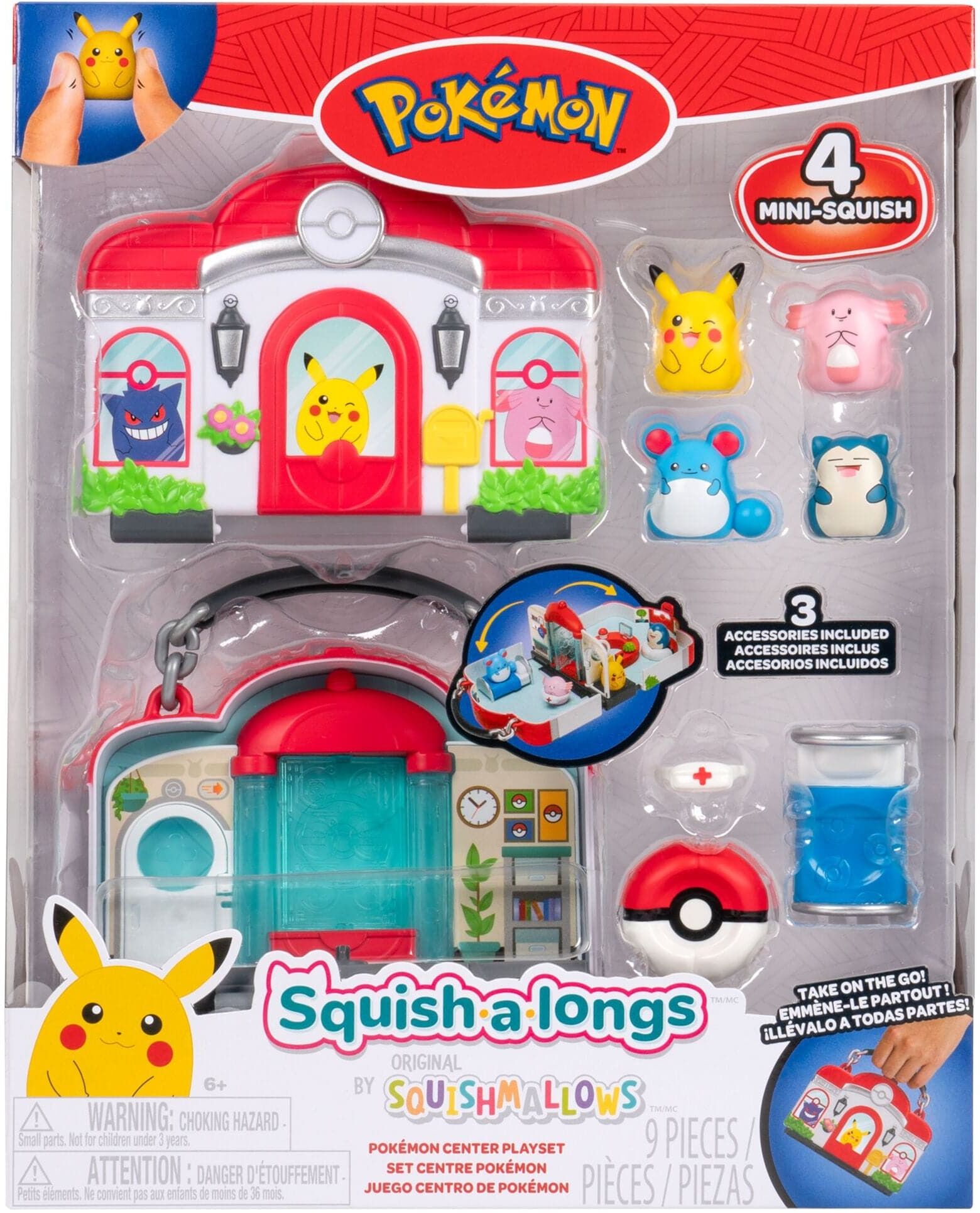 Squishmallow Squish-a-longs Pokemon Center Playset - Officially Licensed by The Pokémon Company - 4 Mini-Squish Figures & 3 Accessories