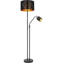 Stehlampe Wohnzimmer mit Leselampe Deckenfluter schwarz gold, Textilschirm, Leseleuchte flexibel getrennt schaltbar, 1x E27 1x E14, DxH 40x175 cm