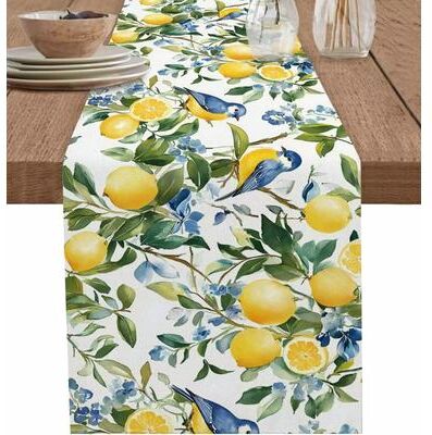 Inspired Finds Lemon Tree Blue Bird Linen Table Runner Vintage Coastal Farmhouse Dining Decor 108x13inch