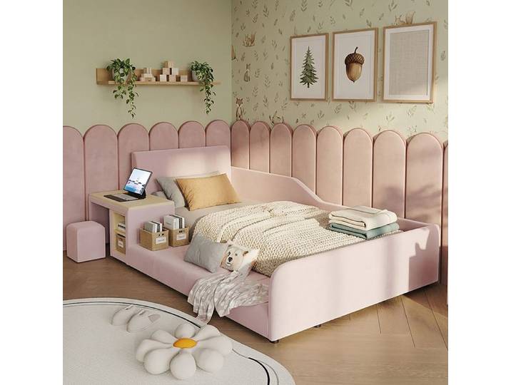 Lit combiné enfant - YEHTOKHOME - 90x200 - bureau latéral - rangement intégré - velours rose