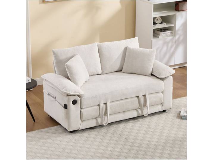 Fauteuil Lit Convertible 3-en-1 150cm Blanc Chenille - Futon Canapé-lit avec Poches Latérales
