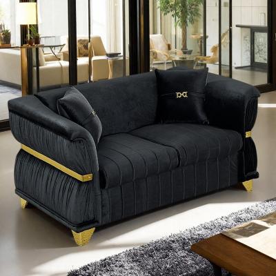 Velvet Sofa with Gold Metal Trim, Gold-Tone Legs, and Curved Armrests