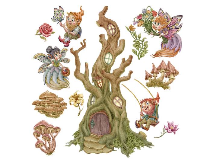 Wallfluent Wandaufkleber 130x135cm - Feenwald, Mehrfarbig, Kunststoff, Rechteckig, 130x135x0.1 cm, Tapeten & Wandverkleidungen, Wandtattoos & Sticker, Wandtattoos