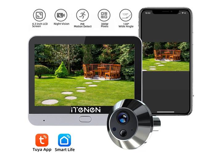 Caméra de porte vidéo sans fil Smart Life Home Security 2.4G Wifi 3MP avec écran de 4,3 pouces, détection PIR Tuya et fonction de judas.