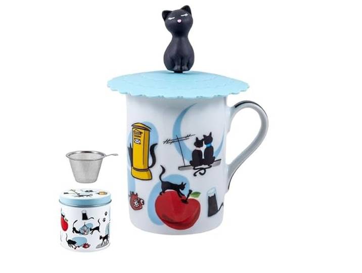 DRW Set mit 6 Teetassen mit Filter, Edelstahl, Katzen, Tasse: 8 x 8 x 10 cm