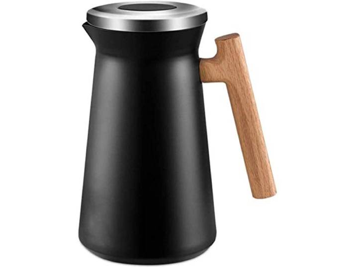 Isolierkanne, 1 Liter Edelstahl, Doppelwandig, Vakuumisoliert, Kanne, 12-24 Stunden Wärmespeicher Thermokanne Mit Holzgriff, Thermoskanne Für Kaffee, Tee Und Getränke-Black