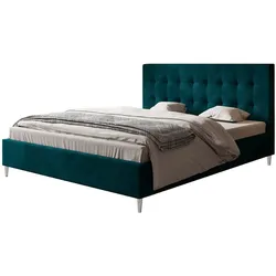 POLSTERBETT LUX Rio mit Kopfteil, 160 x 200 cm, Doppelbett mit Lattenrost aus Holz, Velourstoff Dunkelgrün, Füße in Farbe: Weiß