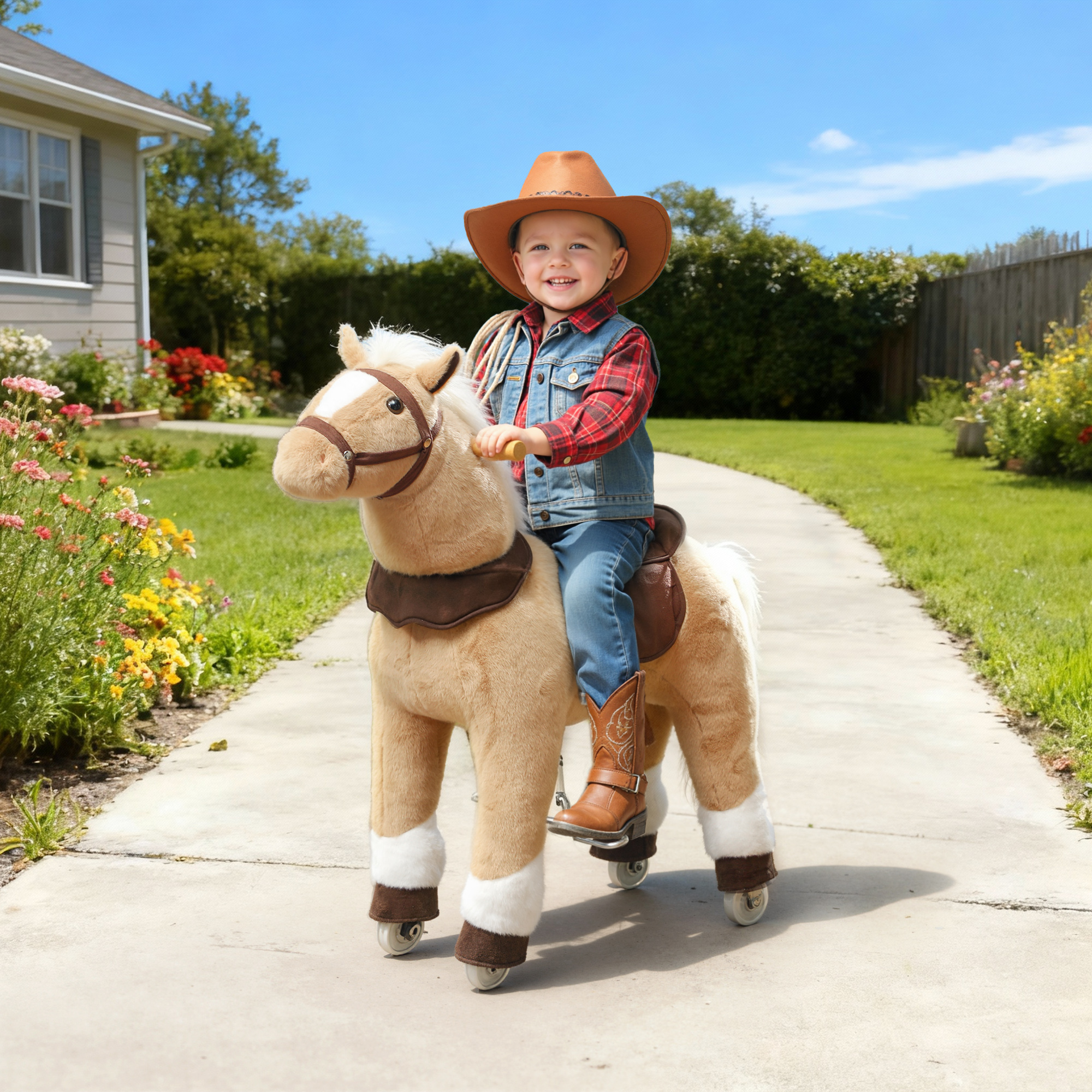 Aiyaplay Cavallo da cavalcare per bambini, rivestimento in tessuto, telaio stabile, ruote morbide, cavallo a dondolo, 3-5 anni, Marrone   Aosom Italy