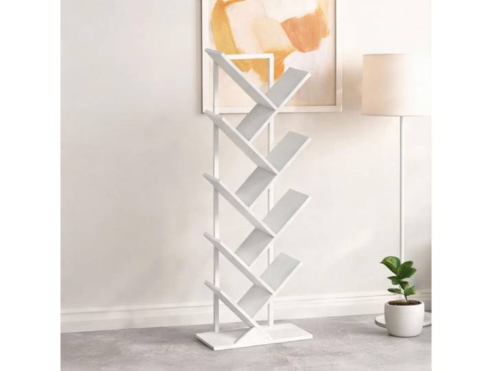 Bibliothèque murale design arbre 9 niveaux en bois blanc avec structure acier 50 x 24 x 136 cm