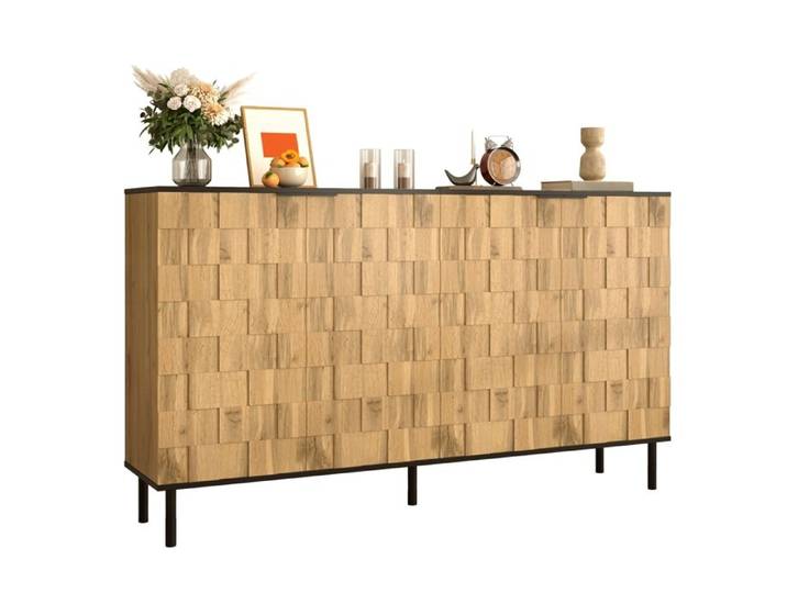 Buffet en Mosaïque Meuble de Rangement avec 4 Portes Armoire de Rangement Aspect Bois Pieds en Métal Buffet Salon 160x35x80.5cm
