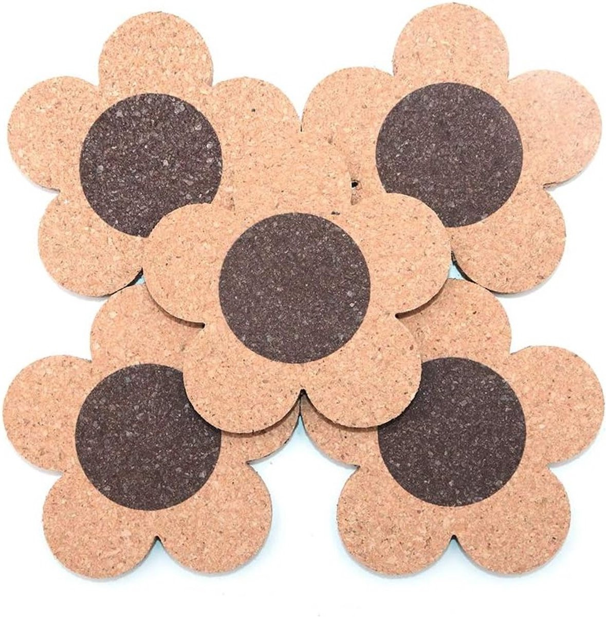 Set van 5 bloemvormige kurken coasters, diameter: 10 cm, vochtabsorberend en warmtebestendig
