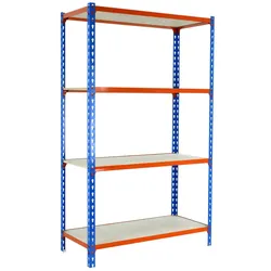 SimonRack Schwerlastregal 1500x1000x300 mm, 4 Ebenen, Holzböden, 150 kg Tragkraft pro Ebene, Blau/Orange - Maderclick