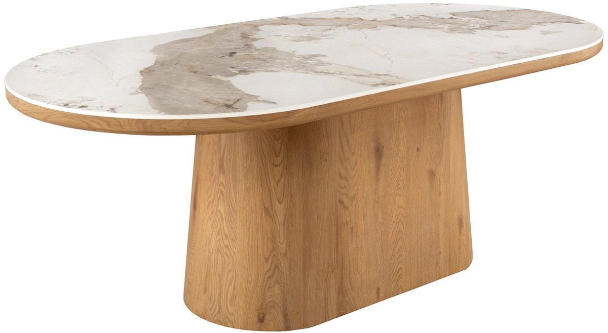 Invicta Interior Ovale eettafel Unique 200 cm wit natuurlijk keramiek met eiken kolomvoet