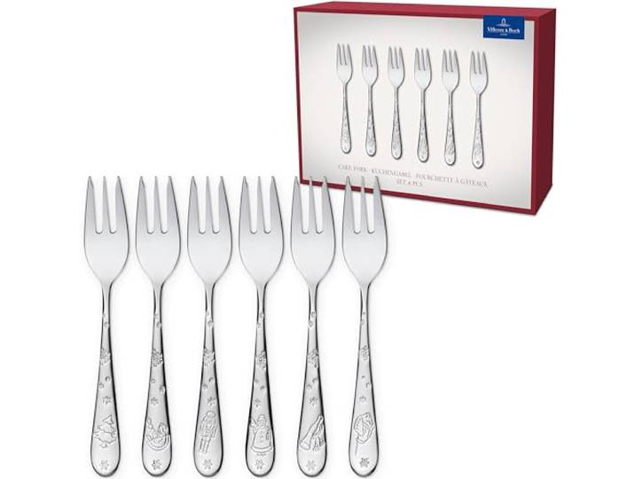 Villeroy & Boch - Toy's Delight Kuchengabel Set 6-teilig Silber, Spülmaschinenfest, Weihnachten, Besteck Platin, Besteckset für 6 Personen, Dessert Gabeln, Kleine Gabeln, Edelstahl