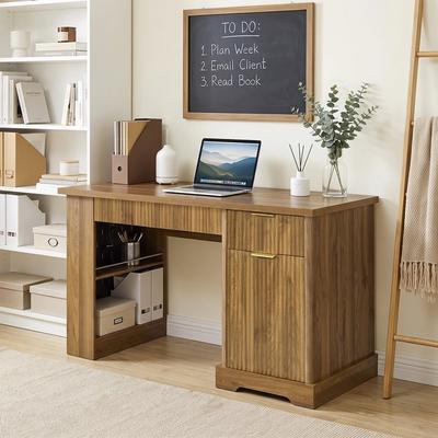 "55"" Modern Power Outlet Office Desk with Cabinet & 2 Drawers"