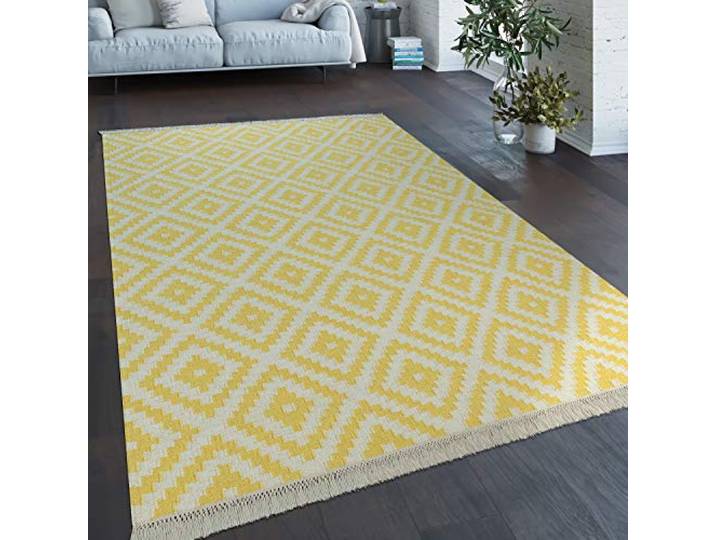 Paco Home Teppich Modern Marokkanische Muster Handgewebt Skandi Rauten Fransen Gelb Weiß, Grösse:120x170 cm