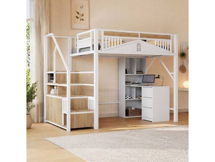 VUENOR Lit mezzanine 140x200 cm blanc – avec bureau et rangement
